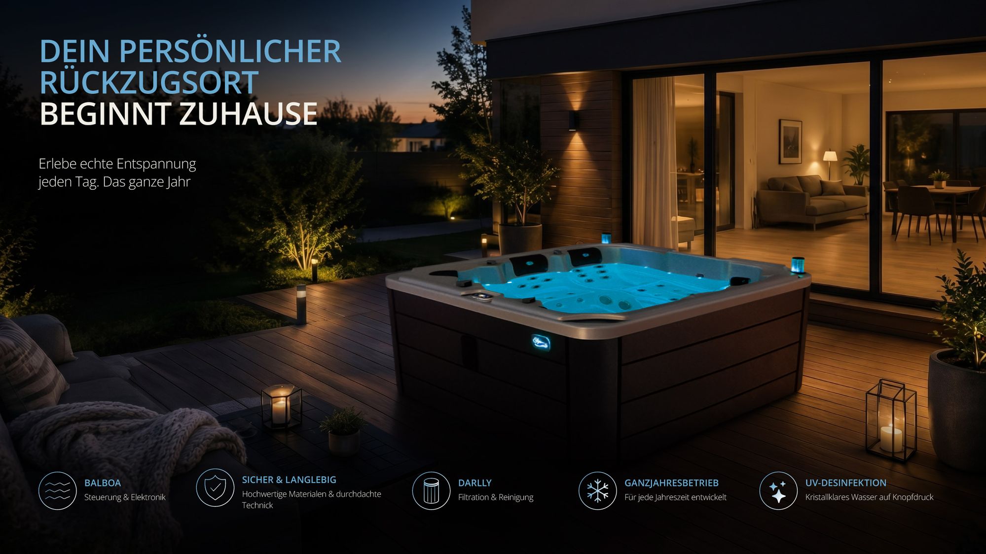 Eclipse Spa CALMA Outdoor-Whirlpool in moderner Architektur bei Abenddämmerung