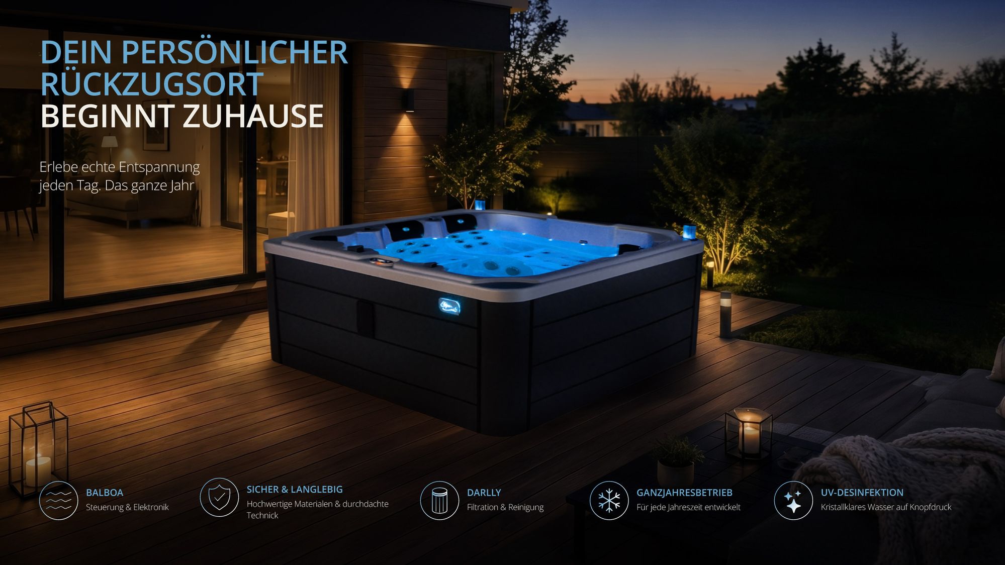 Eclipse Spa CALMA Outdoor-Whirlpool in moderner Architektur bei Abenddämmerung