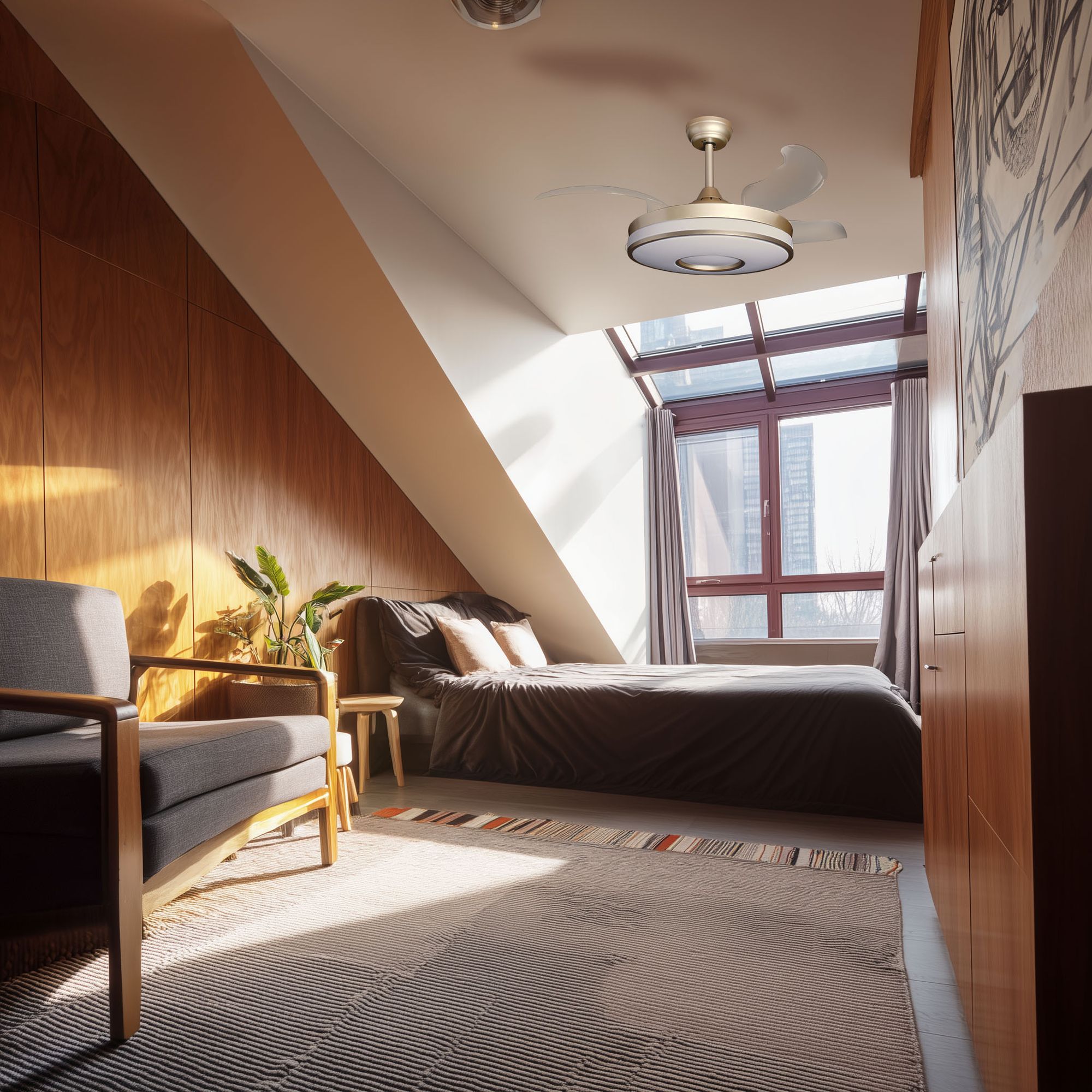 Deckenventilator Fanora hängt in einem Schlafzimmer