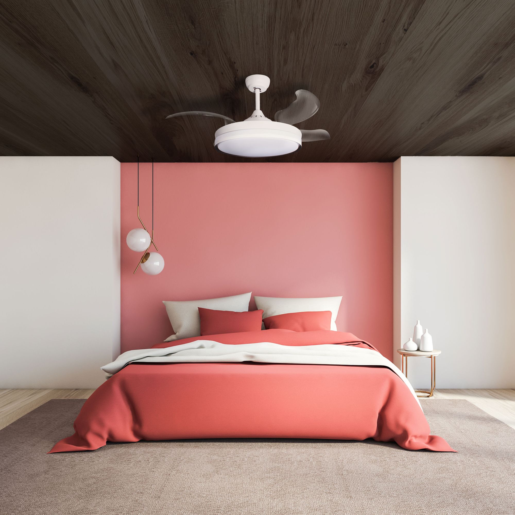 Deckenventilator Fanora hängt in einem Schlafzimmer