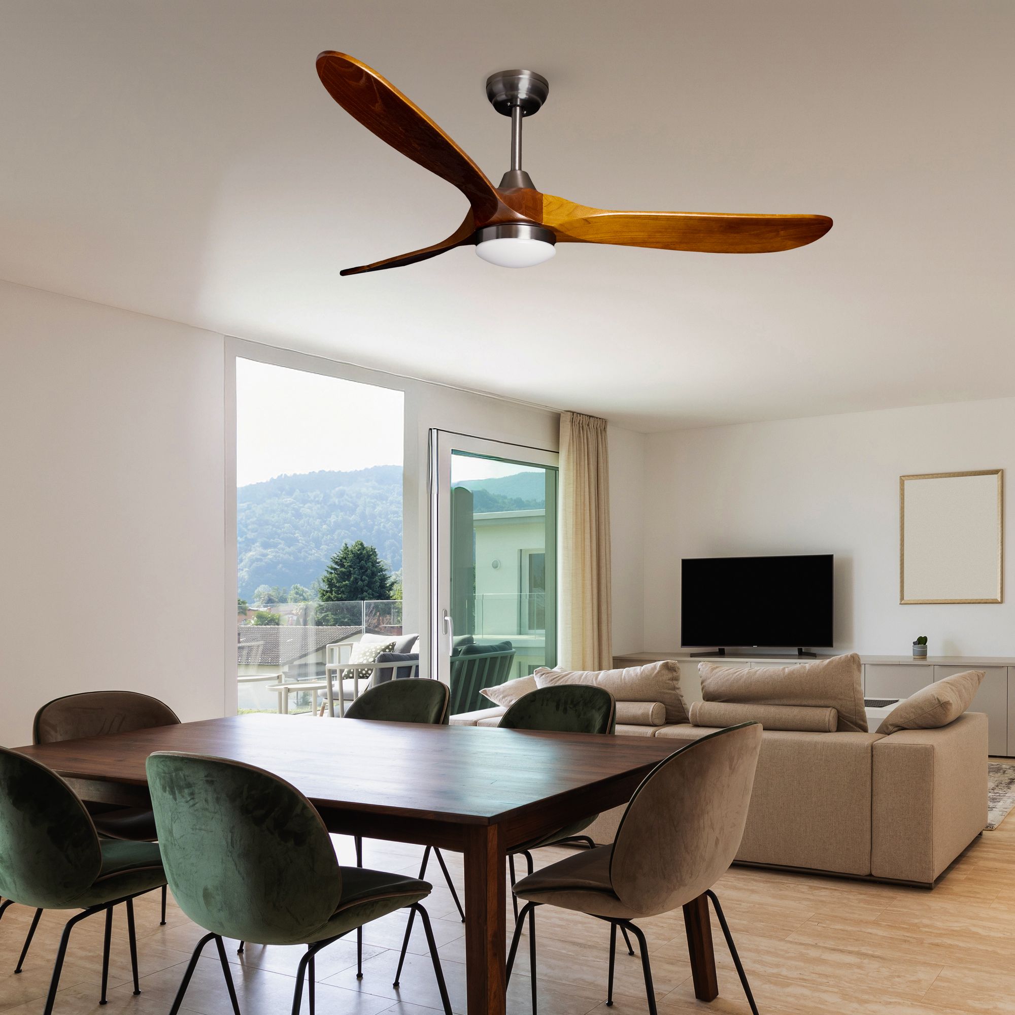Deckenventilator Fanora hängt in einem hellen Esszimmer